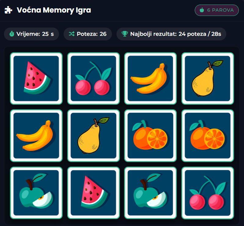 Pregled zaslona voćne igre memorije za djecu